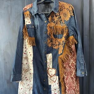 Embellished upcycled Lane Bryant long lightweight jean jacket